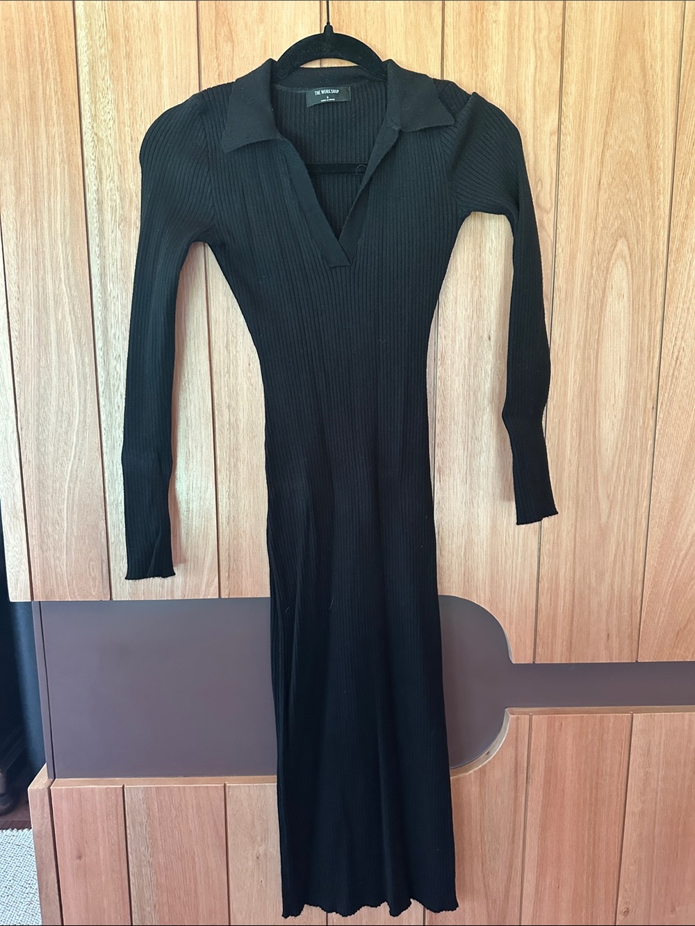 The Work Shop Ribbed Collared Long Sleeve Black Sweater Dress